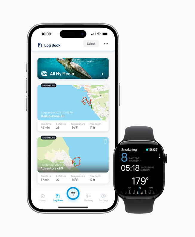 Aplikasi Oceanic+ ditampilkan di iPhone 16 Pro dan Apple Watch Series 10.
