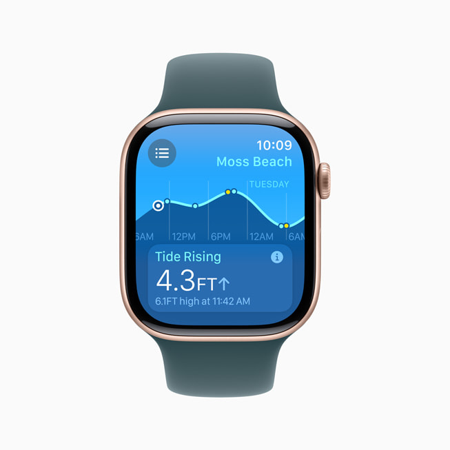 Aplikasi Tides menampilkan air pasang setinggi 4,9 kaki pada Apple Watch Series 10.