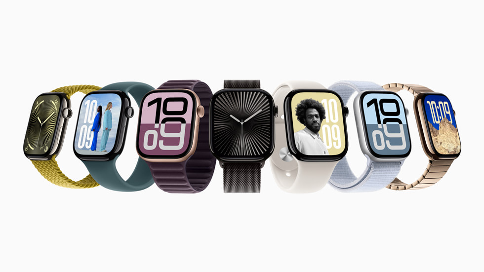 Rangkaian tujuh perangkat Apple Watch Series 10 dengan warna dan tali jam yang berbeda.