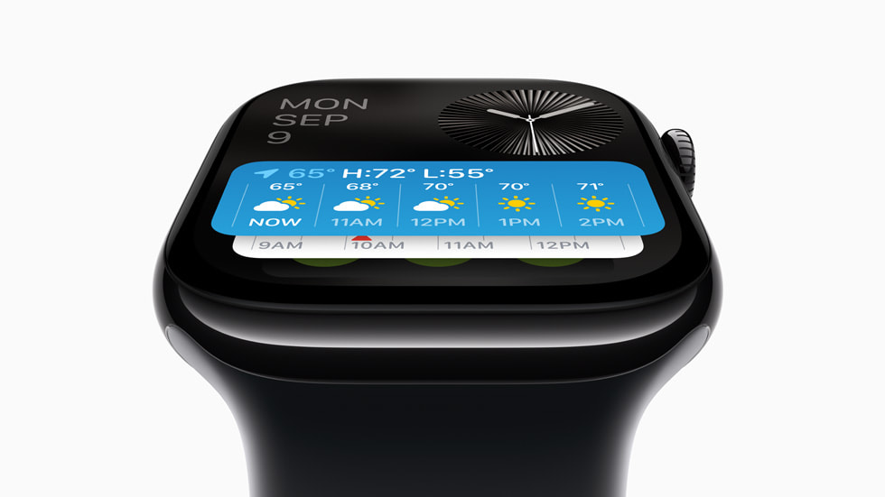 Apple Watch Series 10 ditampilkan dari depan dengan sudut miring ke belakang.