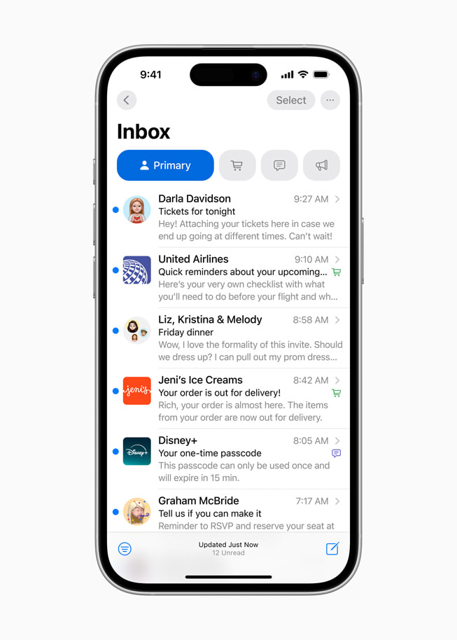 iPhone 16 Pro’daki Mail uygulamas?nda bir kullan?c?n?n Birincil kategorisi g?steriliyor.