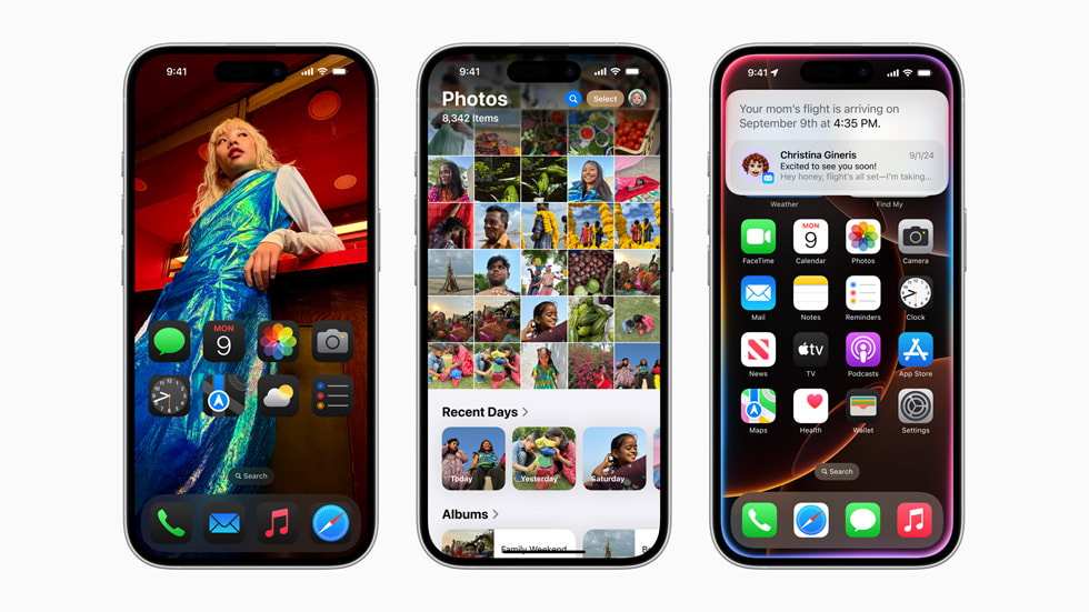 ü? adet iPhone 16 Pro ayg?t?n?n ekran?nda ?zelle?tirilebilir Ana Ekran, yeniden tasarlanan Foto?raflar uygulamas? ve Siri ile eri?ilen Apple Intelligence g?steriliyor.