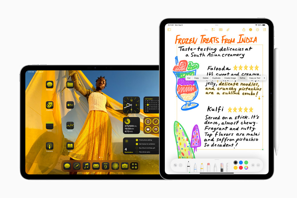 Dos iPad Pro de 11 pulgadas muestran íconos personalizados con un tinte amarillo en la pantalla de inicio y notas escritas a mano con Escritura Inteligente.