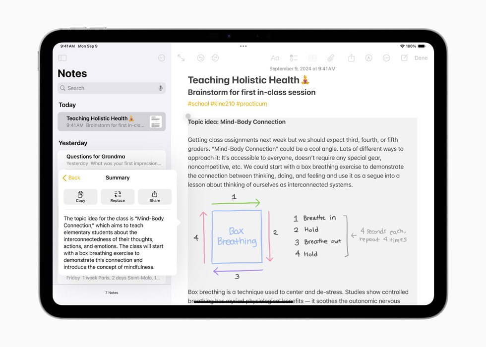O iPad Pro (11 polegadas) mostra um resumo de notas escritas à m?o sobre o ensino de saúde holística.