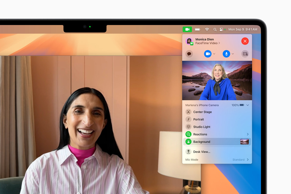macOS Sequoia’da se?ilmi? bir arka planla ger?ekle?tirilen FaceTime oturumu.