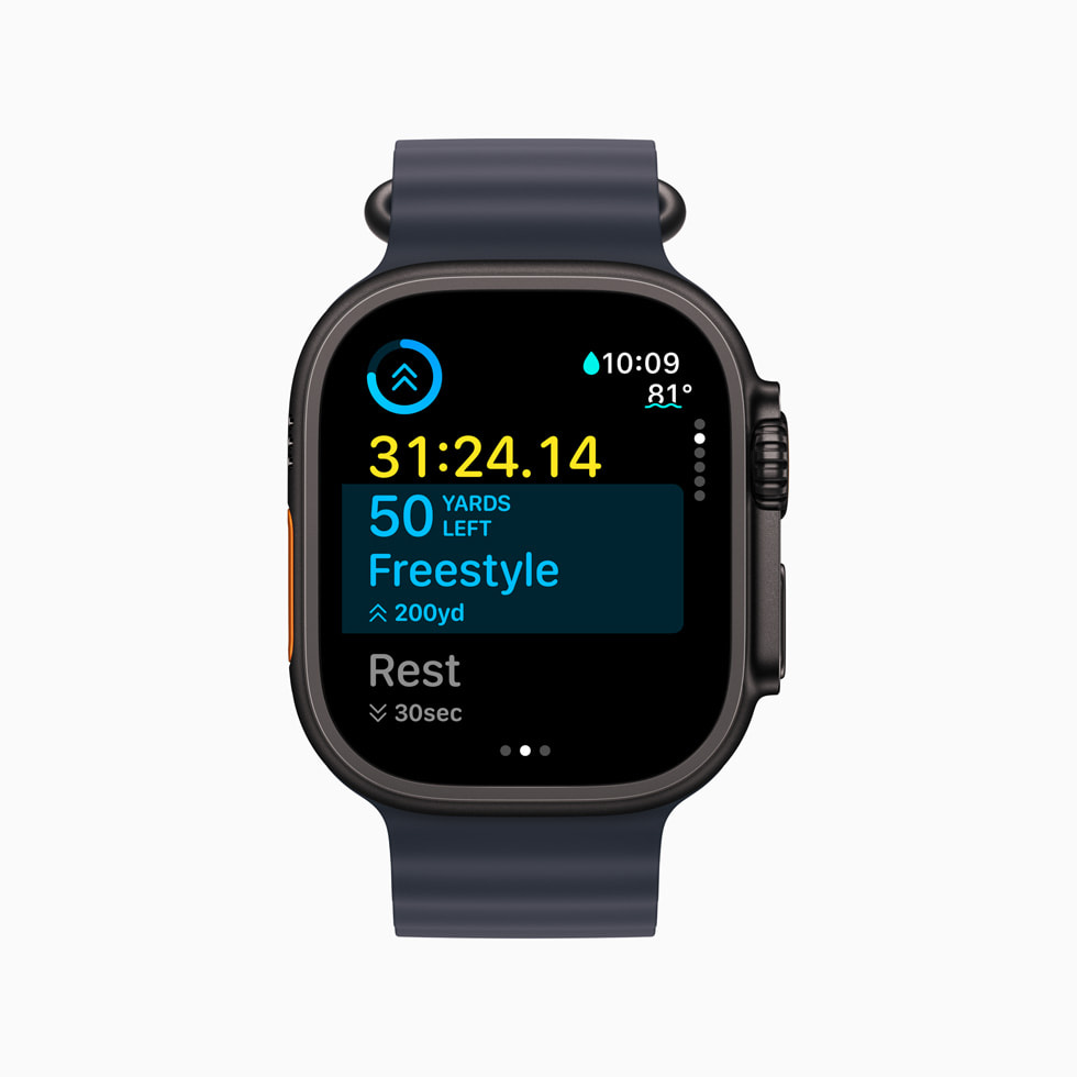 Apple Watch Ultra 2’de bir kullan?c?n?n devam eden Havuzda Yüzme ?zel Antrenman? g?steriliyor.