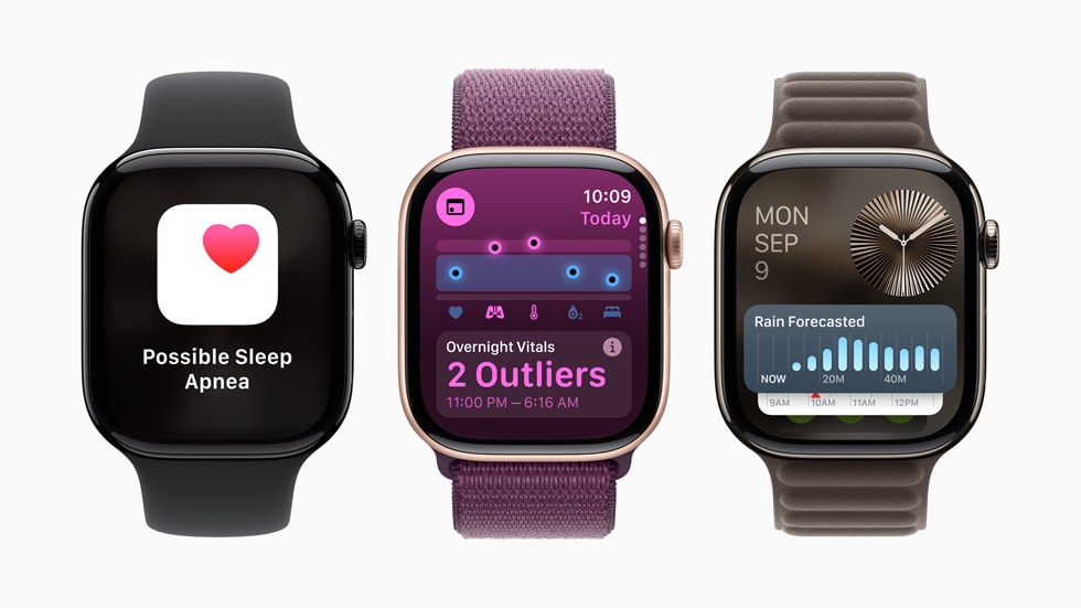 ü? adet Apple Watch Series?10 ayg?t?nda Ya?am Bulgular? uygulamas? ve geli?mi? Ak?ll? Gruplama dahil watchOS?11’deki yenilikler g?steriliyor.