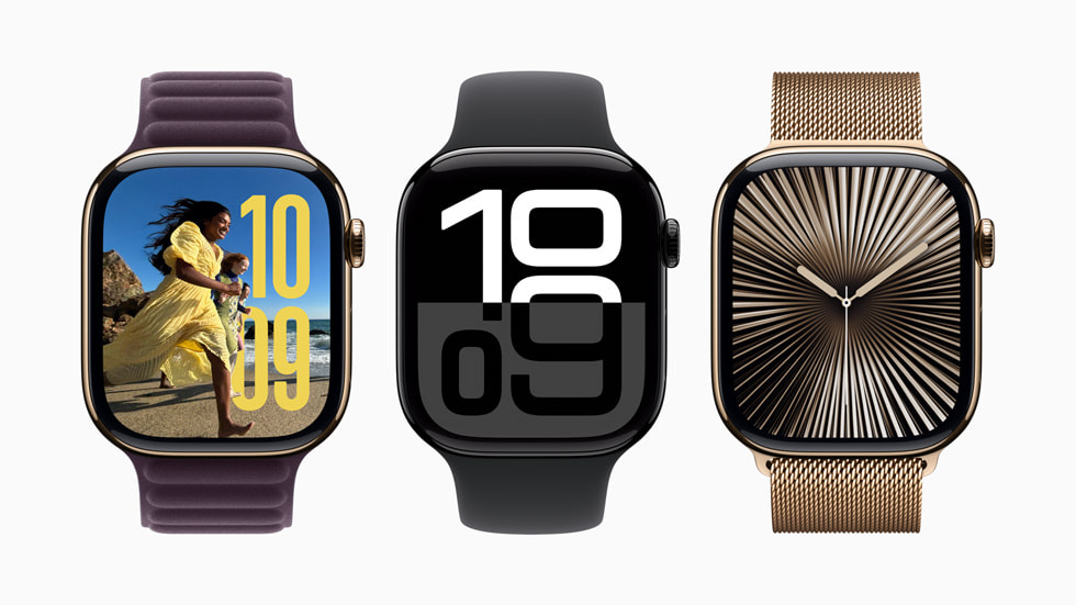 ü? adet Apple Watch Series 10 ayg?t?nda Foto?raflar saat kadran?, Devinim saat kadran? ve Yans?malar saat kadran? g?steriliyor.