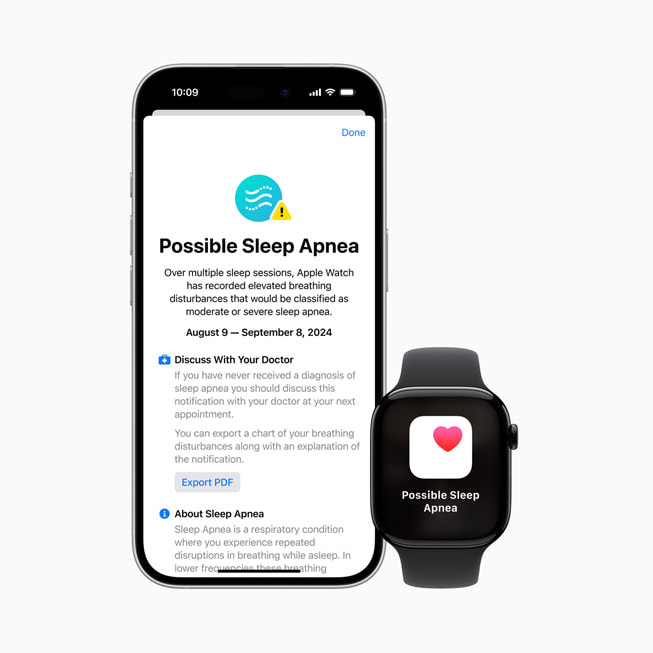 iPhone 16 Pro ve Apple Watch Series 10’da “Olas? Uyku Apnesi” bildirimi g?rülüyor ve iPhone 16 Pro’da daha fazla bilgi sunuluyor.