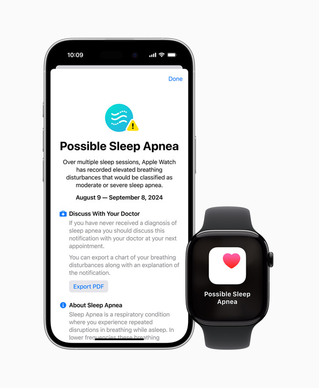 iPhone 16 Pro ve Apple Watch Series 10’daki Sa?l?k uygulamas?nda “Olas? Uyku Apnesi” yazan ekran g?rülüyor ve iPhone 16 Pro ekran?nda daha fazla bilgi veriliyor.