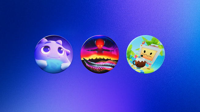 2024 Y?l?n Apple Vision Pro Oyunu finalistlerini temsil eden simgeler: Loóna, THRASHER ve Vacation Simulator.