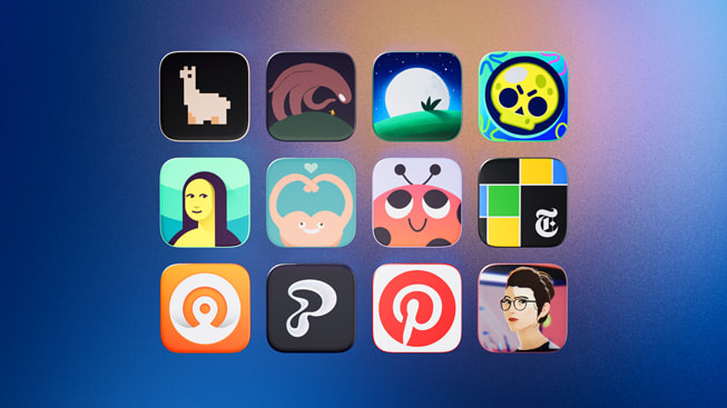 2024 Kültürel Etki finalistlerini temsil eden simgeler: Arco, The Bear, BetterSleep, Brawl Stars, DailyArt, Do You Really Want to Know 2, EF Hello, NYT Games, Oko, Partiful, Pinterest ve The Wreck.