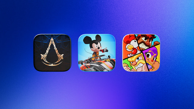 2024 Y?l?n iPad Oyunu finalistlerini temsil eden simgeler: Assassin’s Creed Mirage, Disney Speedstorm ve Squad Busters.