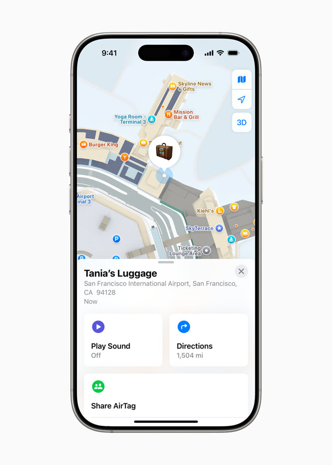 Bir kullan?c?, iPhone 16 Pro’daki Bul uygulamas?nda San Francisco Uluslararas? Havaalan?’nda “Tania’n?n Bagaj?” etiketli bir AirTag’in konumunu g?rüyor.