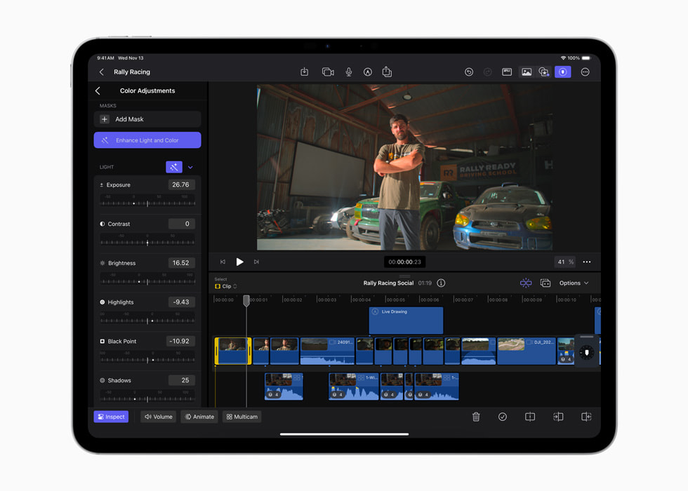 iPad Pro’da iPad i?in Final Cut Pro 2.1’deki I??k ve Renk Geli?tirme ?zelli?i g?steriliyor.