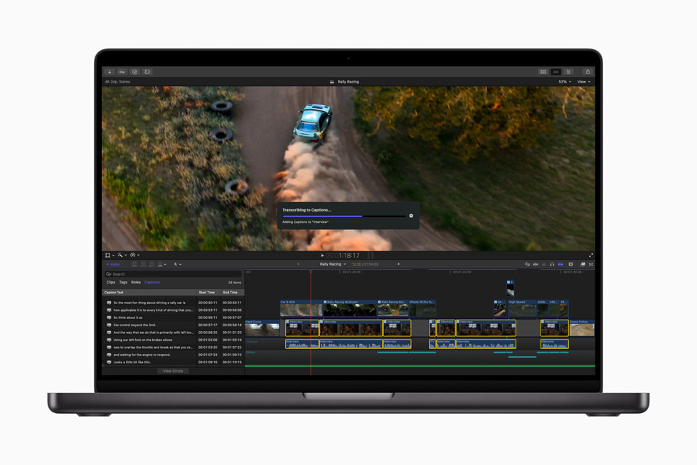 Final Cut Pro 11’in yeni ?zelli?i Transcribe to Captions, MacBook Pro’da g?steriliyor.