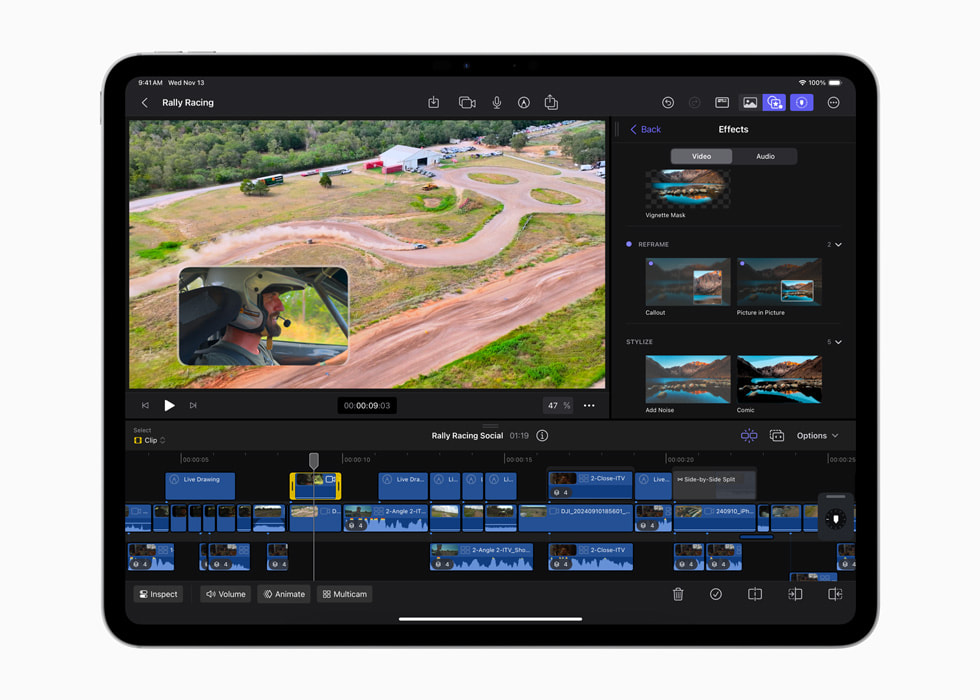 iPad Pro’da iPad i?in Final Cut Pro 2.1’deki yeni i?erik ar?ivi g?steriliyor.