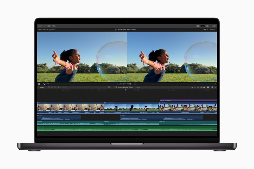 Final Cut Pro 11’in uzamsal video düzenleme ?zellikleri MacBook Pro’da g?steriliyor.