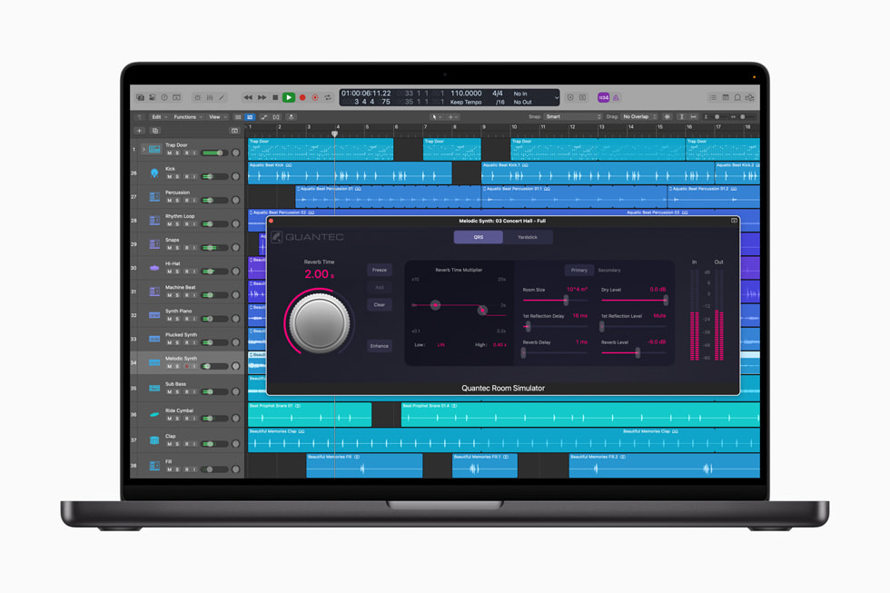 MacBook Pro’da Mac i?in Logic Pro’da Quantec Room Simulator eklentisi g?steriliyor.