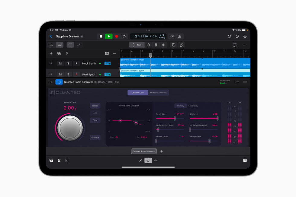iPad Pro’da iPad i?in Logic Pro 2.1’deki Quantec Room Simulator eklentisi g?steriliyor.