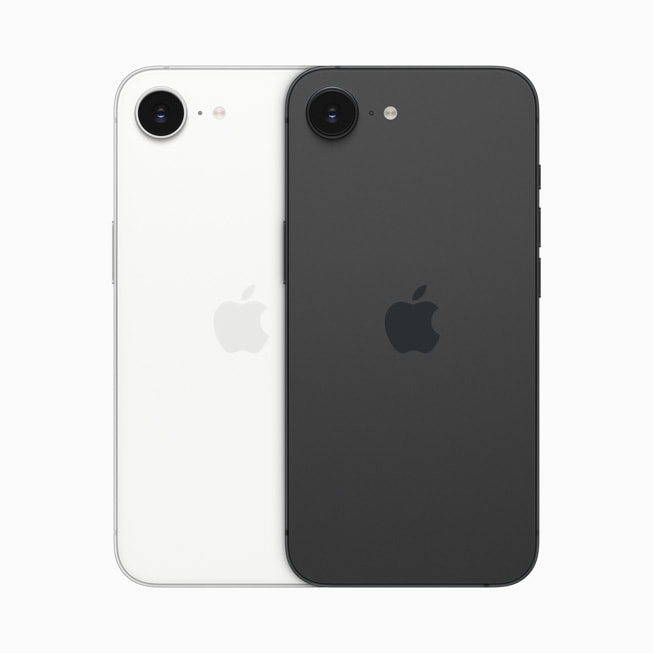 iPhone 16e putih matte dan hitam matte, berdampingan. 