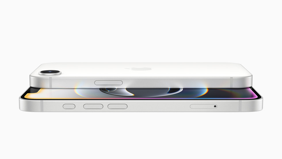 Dua perangkat iPhone 16 warna putih yang ditumpuk.