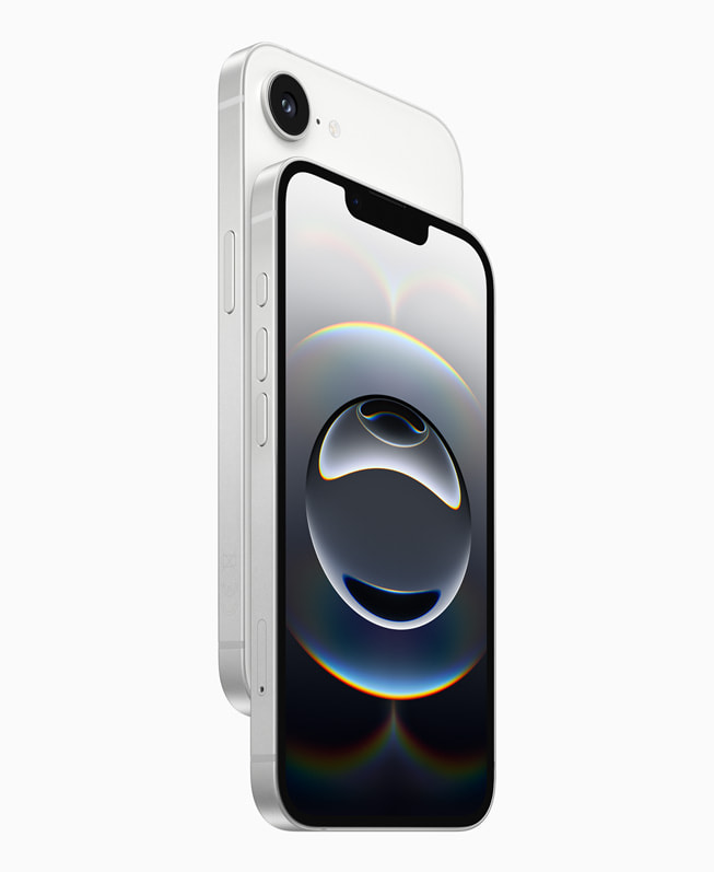 Dua perangkat iPhone 16e warna putih yang ditampilkan saling membelakangi.