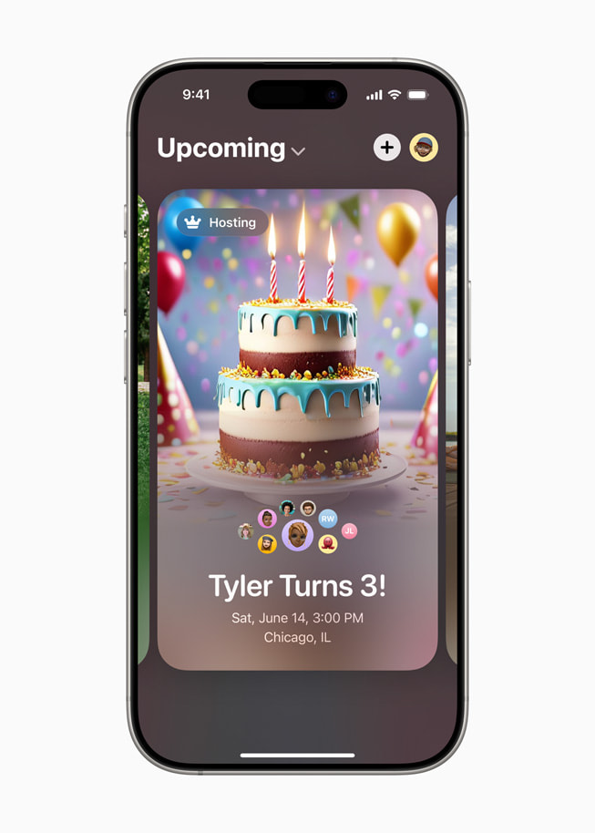 iPhone 16 Pro’daki Apple Davetiye uygulamas?nda, bir ?ocu?un do?um günü i?in haz?rlanan davetiyede Image Playground ile üretilmi? bir do?um günü pastas? g?rseli bulunuyor.