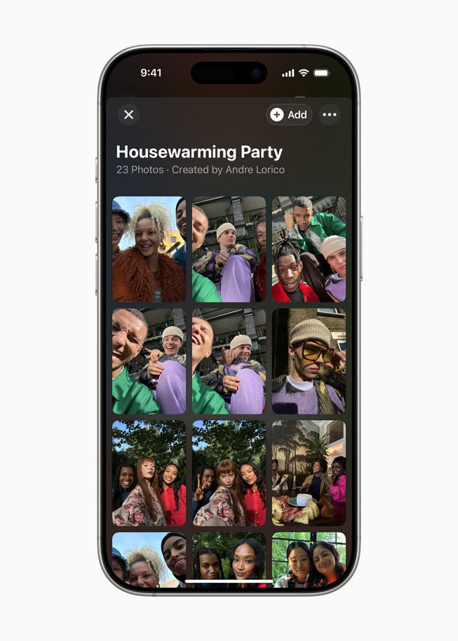 iPhone 16 Pro’daki Apple Davetiye uygulamas?nda, Eve Merhaba Partisi adl? bir etkinlik i?in payla??lan foto?raf albümü g?steriliyor.