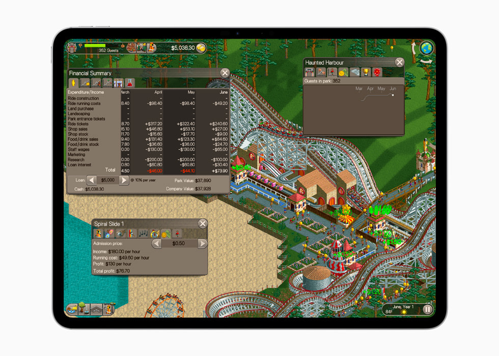Un fotogramma del gioco RollerCoaster Tycoon Classic+ di Atari. Mostrato su iPad Pro.