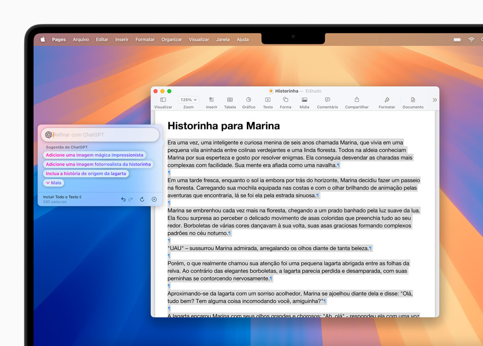 Ferramentas de Escrita com a integra??o do ChatGPT mostradas no Pages no macOS Sequoia.