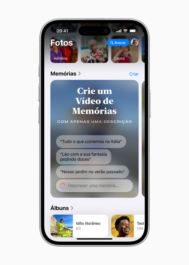 O iPhone 16 mostra uma tela do recurso Memórias com uma solicita??o para criar um vídeo de lembran?as com apenas uma descri??o.