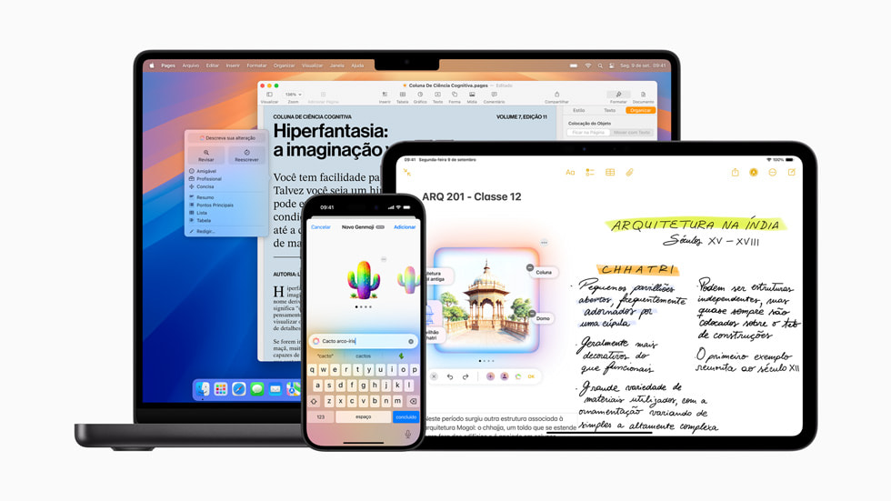 Recurso Reescrever, Image Playground e cria??o de Genmoji mostrados no MacBook Pro, iPhone 16 e iPad Pro.