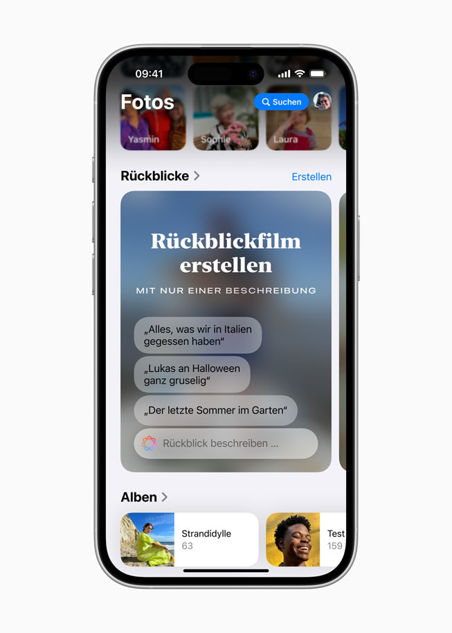 Rückblick mit der Aufforderung, einen Rückblickfilm ausschliesslich mit einer Beschreibung zu erstellen, auf einem iPhone 16.
