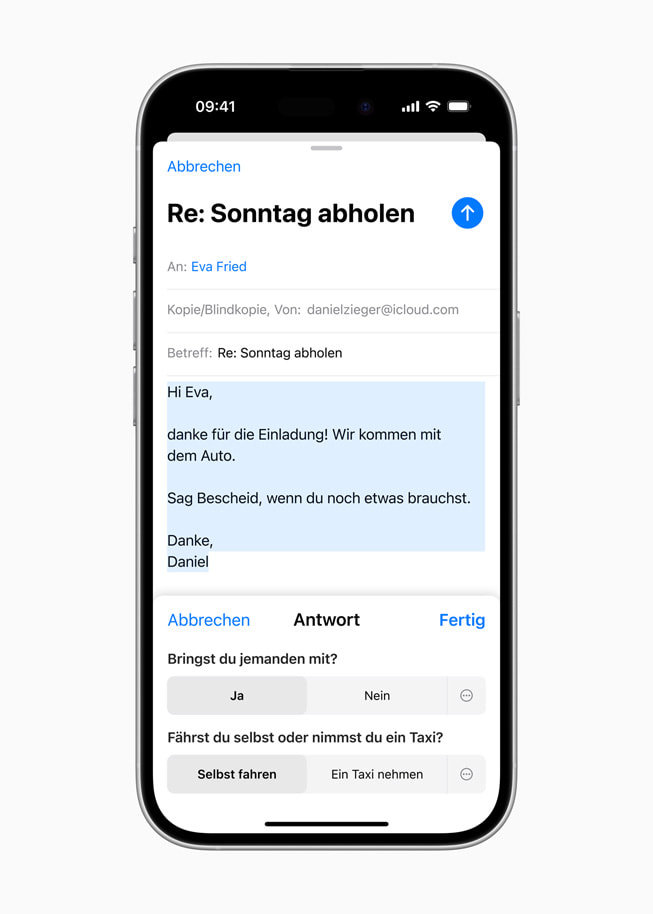 Intelligente Antworten mit Aufforderungen, in denen gefragt wird, ob der:die Partner:in des:der Nutzer:in selbst f?hrt oder einen Uber nimmt auf einem iPhone 16.
