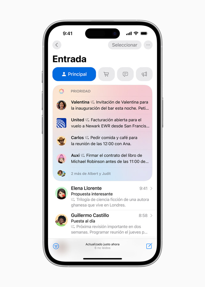 Un iPhone?16 muestra una pantalla de Mensajes Prioritarios con una lista de emails importantes.