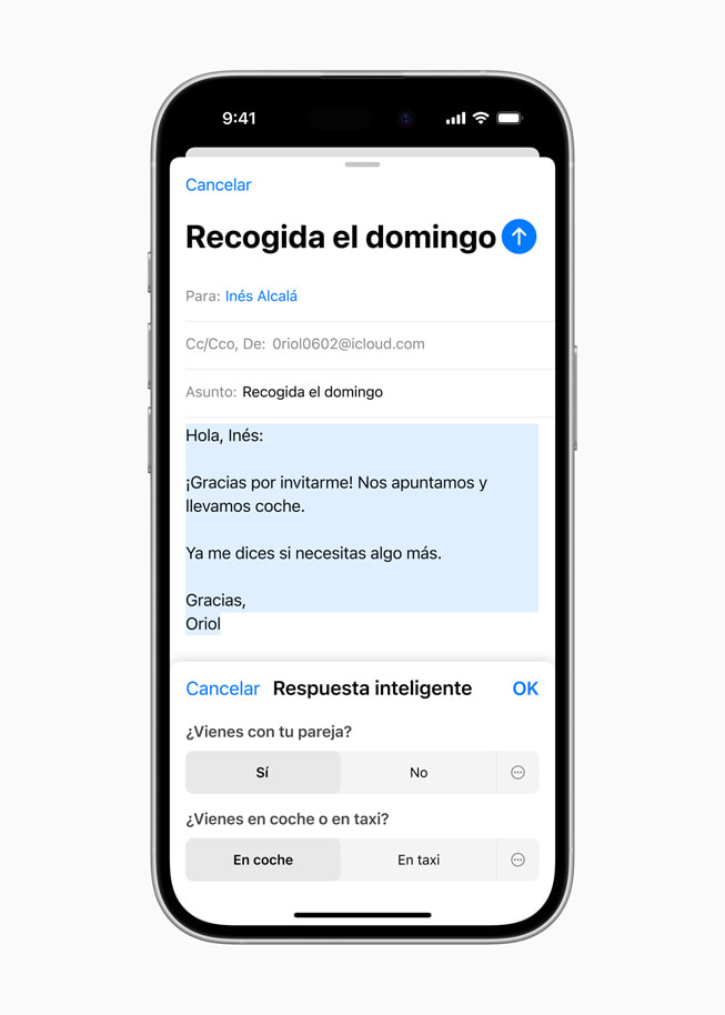 Un iPhone?16 muestra una pantalla de Respuesta Inteligente que pregunta al usuario si va a ir con su pareja y si usará su coche o cogerá un taxi.