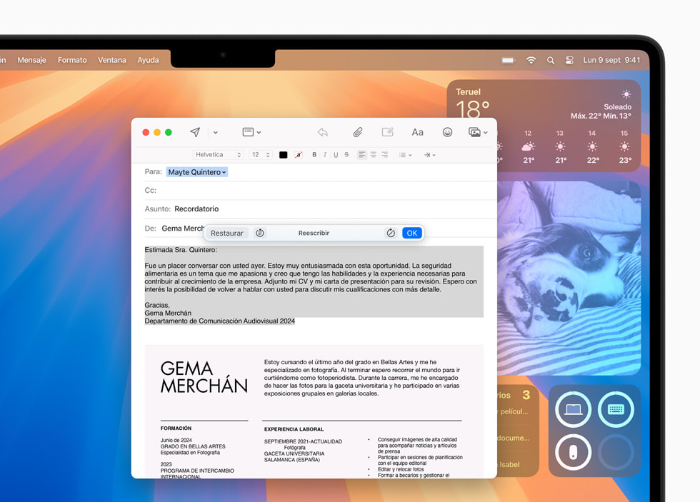 Un MacBook?Pro muestra Herramientas de Escritura en Mail.