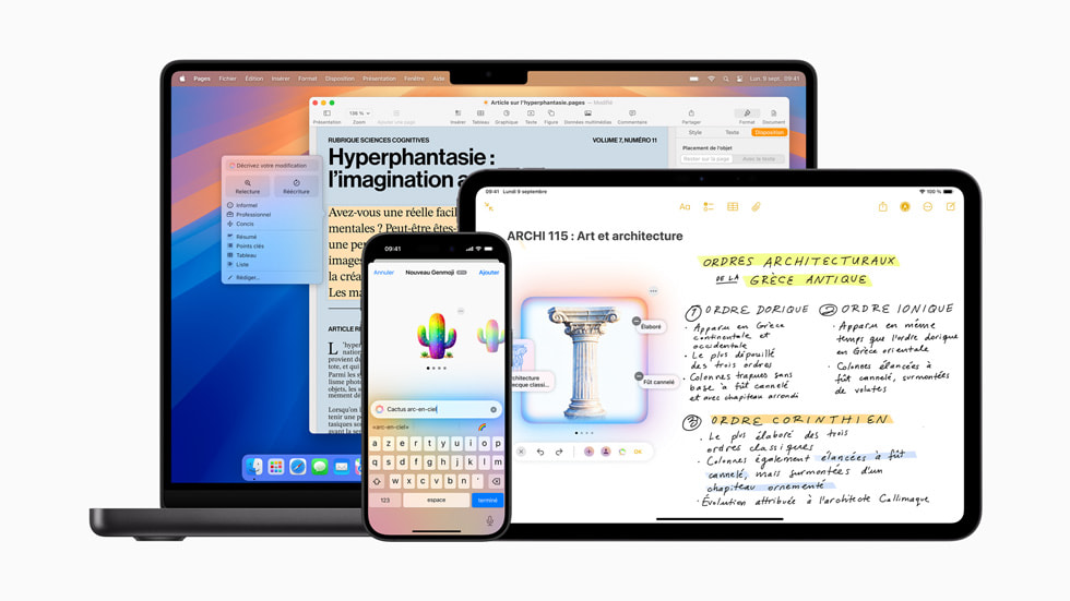 Réécriture, création de Genmoji et Image Playground présentés sur MacBook?Pro, iPhone?16 et iPad?Pro.
