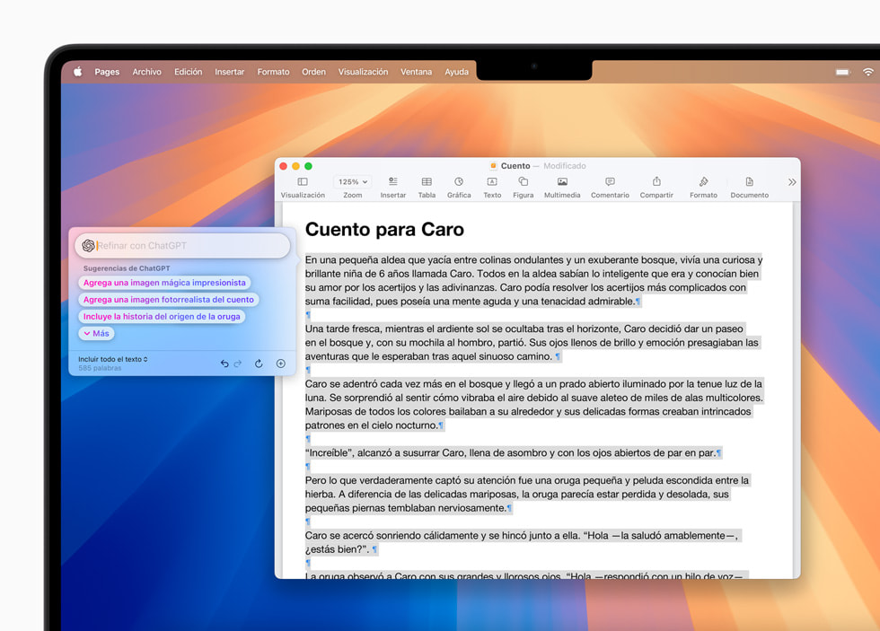 Se muestran las Herramientas de Escritura con la integración de ChatGPT en Pages en macOS?Sequoia.