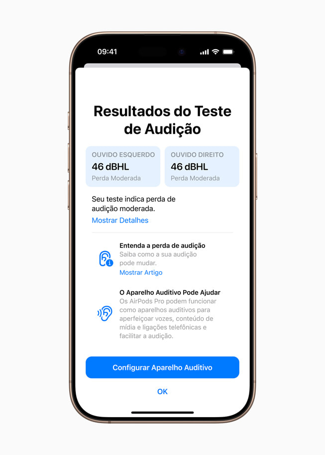 Resumo do Teste de Audi??o no app Saúde do iPhone 16 Pro.