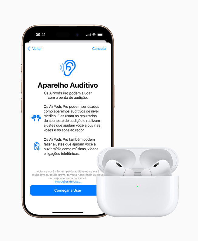 A configura??o do novo recurso Aparelho Auditivo mostrada no iPhone 16 Pro com os AirPods Pro 2.