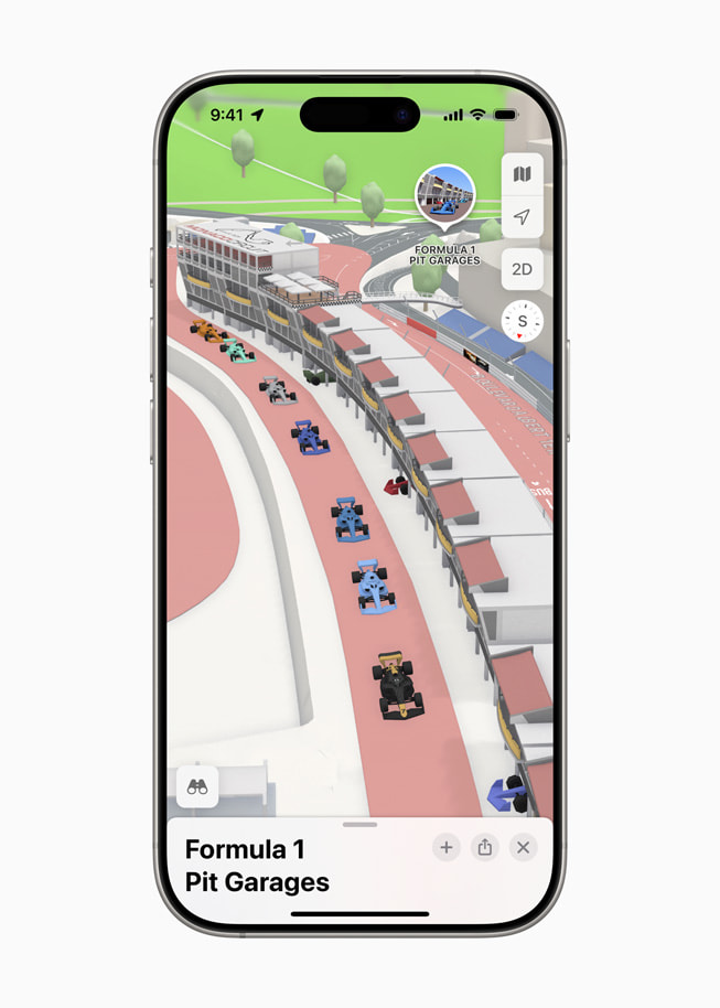 Apple Karten zeigt das Formel 1 Paddock auf einem iPhone 16 Pro.