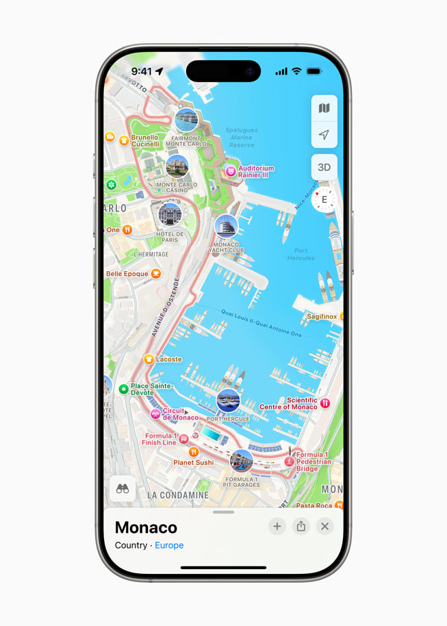 Apple Karten zeigt eine übersicht der Strecke des Grand Prix de Monaco auf einem iPhone 16 Pro.