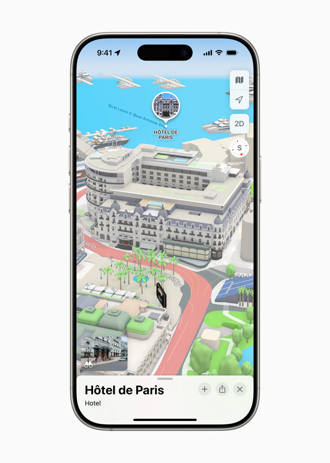 Apple Karten zeigt das H?tel de Paris Monte-Carlo als Sehenswürdigkeit in 3D auf einem iPhone 16 Pro.