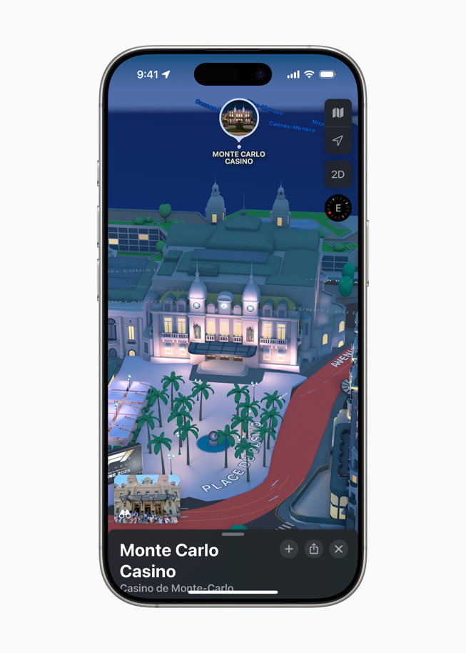 Apple Karten zeigt das Casino de Monte-Carlo in Monaco als Sehenswürdigkeit in 3D auf einem iPhone 16 Pro.