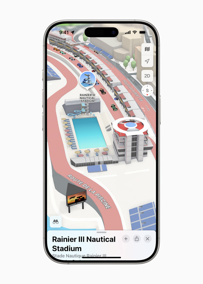 Apple Karten zeigt das Rainier III Nautical Stadium auf einem iPhone 16 Pro.
