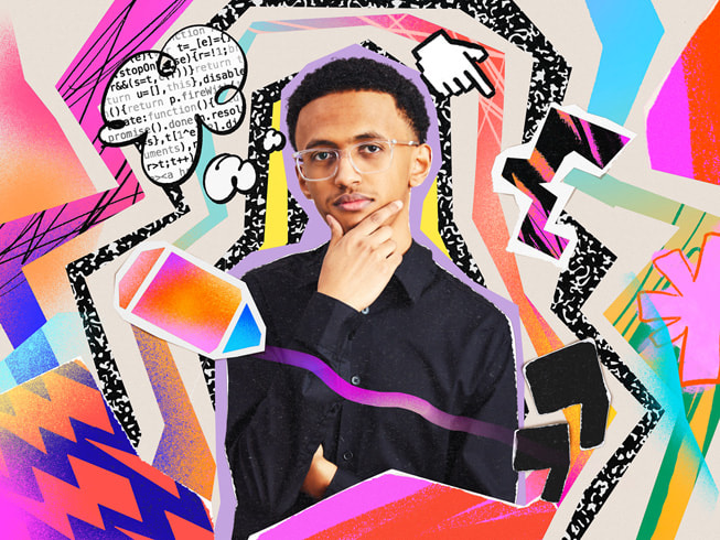 A colorful collage featuring a portrait of AccessEd creator, Nahom Worku.