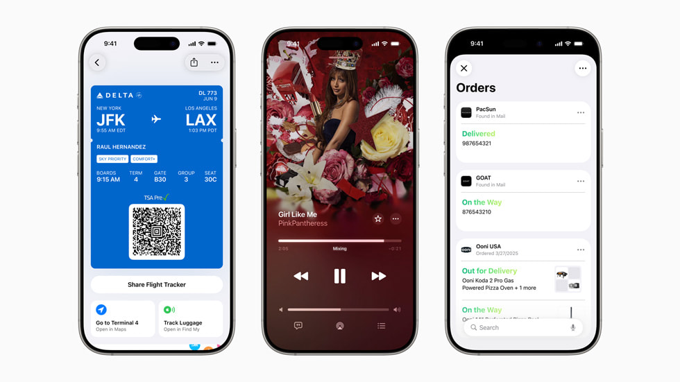 Trois iPhone?16?Pro montrent certaines des actualisations à venir des services Apple. De gauche à droite?: Traduction des paroles dans Apple Music, les itinéraires préférés dans Apple Plans et le suivi des commandes dans Apple Cartes.
