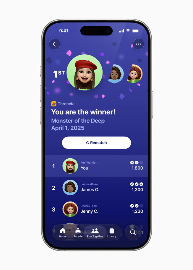 Le classement à la suite d’un défi dans l’app Apple Games s’affiche sur iPhone 16 Pro.